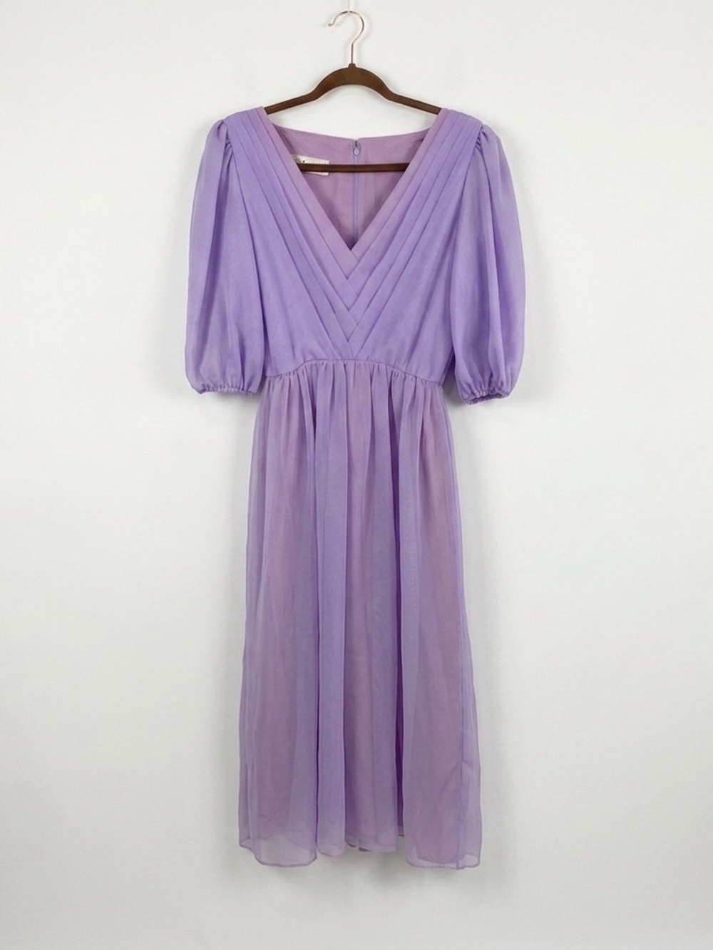 Vintage Dessy Creations Lavender Chiffon Pleated Maxi Dress Puff Sleeve Coquette
